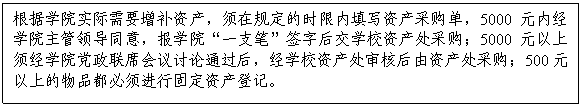文本框:根据公司实际需要增补资产，须在规定的时限内填写资产采购单，5000元内经公司主管领导同意，报公司“一支笔”签字后交公司资产处采购；5000元以上须经公司党政联席会议讨论通过后，经公司资产处审核后由资产处采购；500元以上的物品都必须进行固定资产登记。